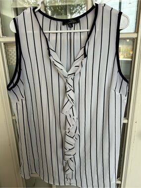 Suzanne Betro White and Black Vertical Stripe Ruffle Sleeveless Top